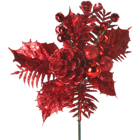Glittered Berries Holly & Cone Pick