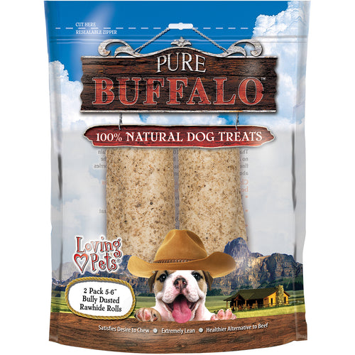 Pure Buffalo 5"-6" Bully Stick Dusted Rawhide Rolls 2/Pkg