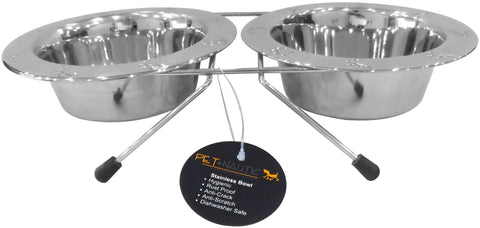 Pet Nautic Chrome Double Diner W/Embossed Bowls 16oz