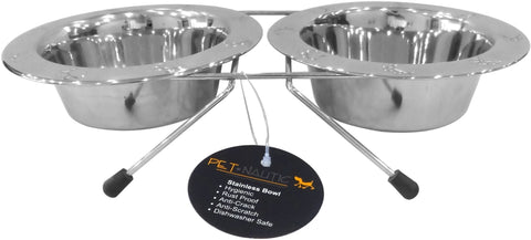 Pet Nautic Chrome Double Diner W/Embossed Bowls 32oz