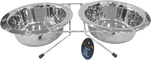 Pet Nautic Chrome Double Diner W/Embossed Bowls 64oz