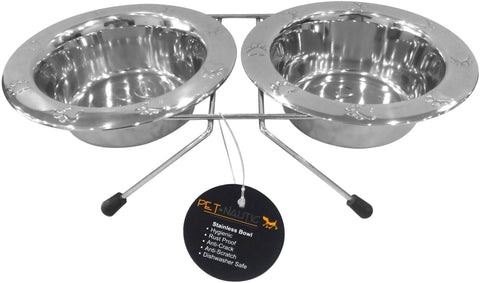 Pet Nautic Chrome Double Diner W/Embossed Bowls 96oz