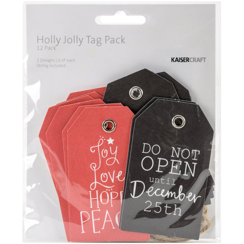 Holly Jolly Tags W/String 2"X3.25" 12/Pkg