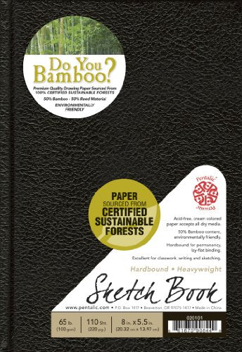 Pentalic Bamboo Hardbound 110-Sheet Sketchbook, Black, 8.5 by 5-Inch