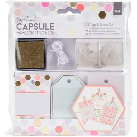 Papermania Geometric Neon Gift Tags & Stamps Set 16/Pkg
