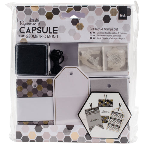 Papermania Geometric Mono Gift Tags & Stamps Set 16/Pkg