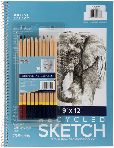 Artist Select Sketch Pad 9"X12" & 10pc Sketching Pencil Set