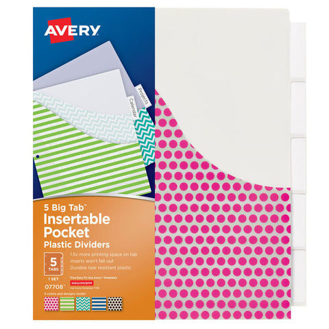Big Tab„¢ Insertable Plastic Dividers With Pockets, 5-Tab Set, Assorted Designs