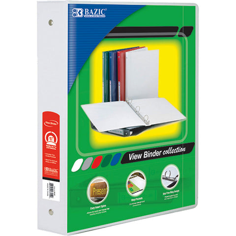 Bazic 3-Ring View Binder With 2 Pockets, 1.5, White