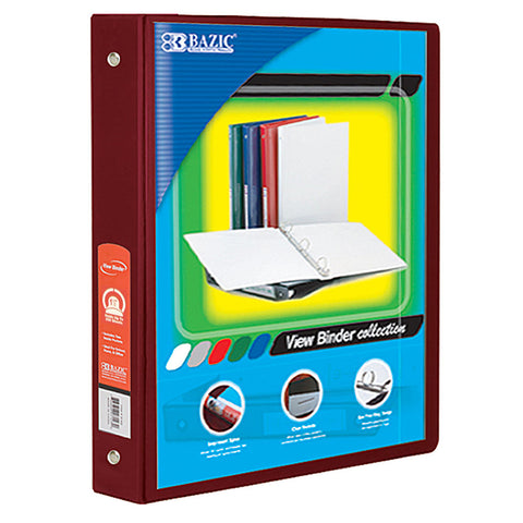 Bazic 3-Ring View Binder With 2 Pockets, 1.5, Burgundy