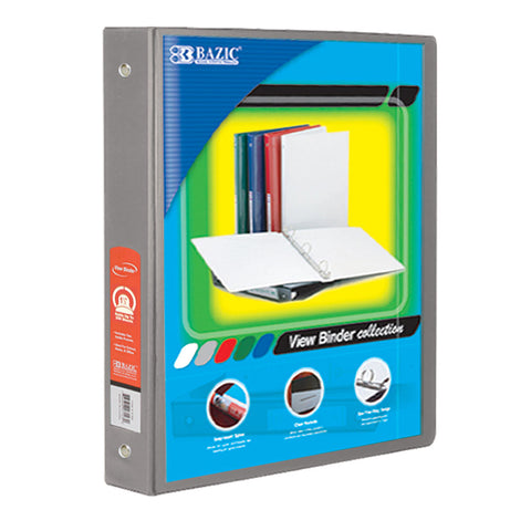 Bazic 3-Ring View Binder With 2 Pockets, 1.5, Gray