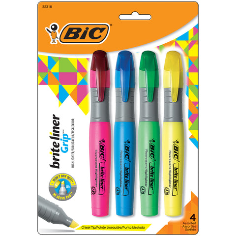 Brite Liner Grip Tank Highlighter, Chisel Tip, Assorted Colors, Pack Of 4