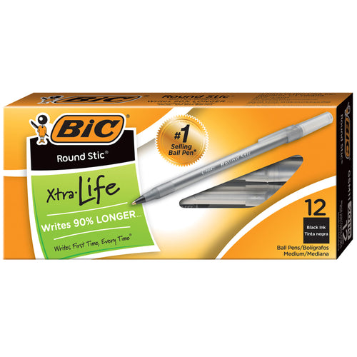 Round Stic Pen, Med Point, Black, 12/Pkg
