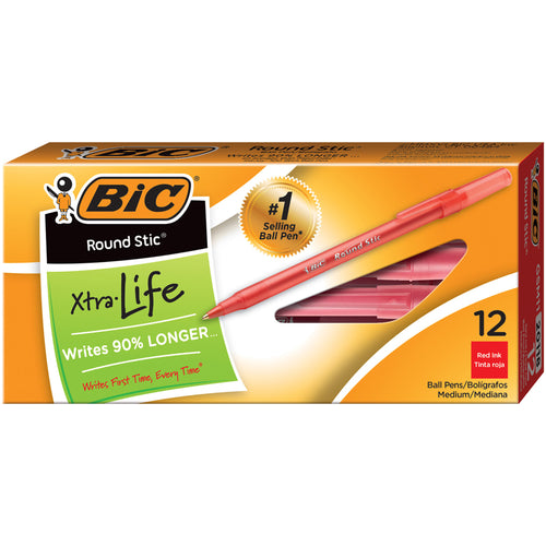 Round Stic Pen, Med Point, Red, 12/Pkg