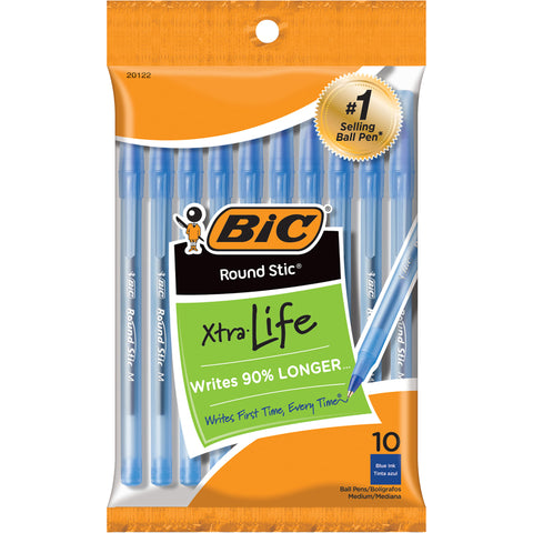 Round Stic„¢ Ballpoint Pens, Medium Point, Blue, Pack Of 10