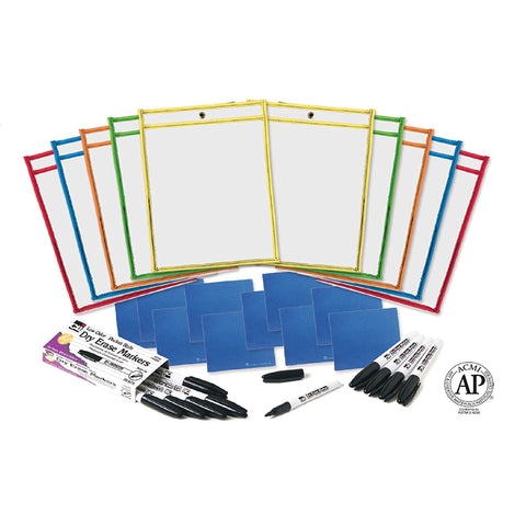 Reusable Dry Erase Pockets Class Pack With Markers And Cloth Erasers