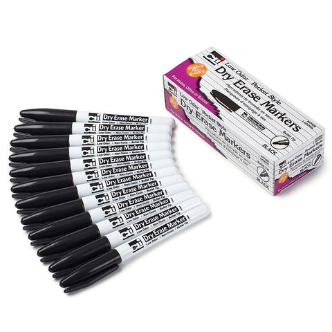 Dry Erase Markers, Pocket Style, Bullet Tip, Black, Pack Of 12