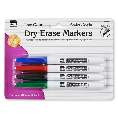 Dry Erase Markers, 4-Color Set, Bullet Tip