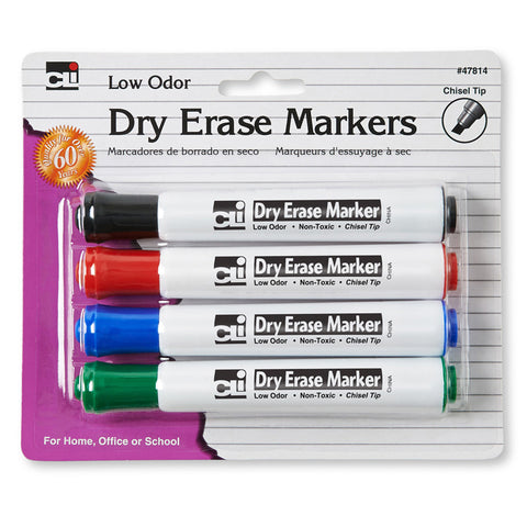 Dry Erase Markers, Barrel Style, Low Odor, Chisel Tip, Assorted Colors, Pack Of 4