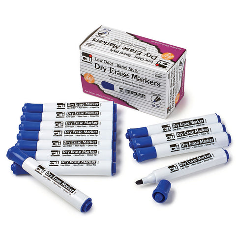 Dry Erase Markers, Barrel Style, Chisel Tip, Blue, Pack Of 12