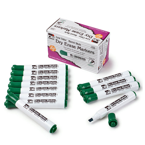 Dry Erase Markers, Barrel Style, Chisel Tip, Green, Pack Of 12