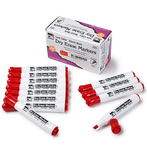Dry Erase Markers, Barrel Style, Chisel Tip, Red, Pack Of 12