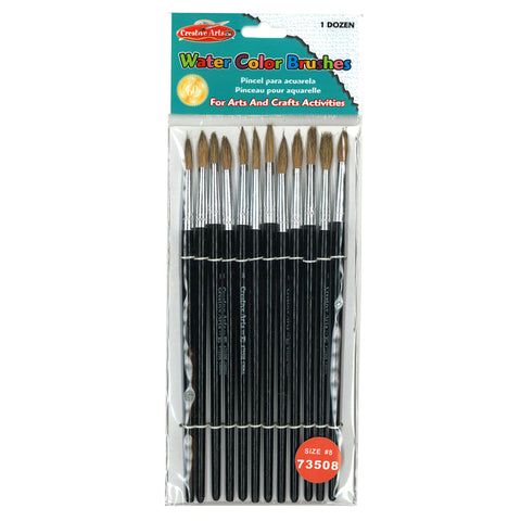 Water Color Paint Brushes With Round Pointed Tip, # 8, 0.81 Inch, Camel Hair, Black Handle, 12/Pack