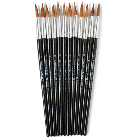 Water Color Paint Brushes With Round Pointed Tip, # 10, 0.93 Inch, Camel Hair, Black Handle, 12/Pack
