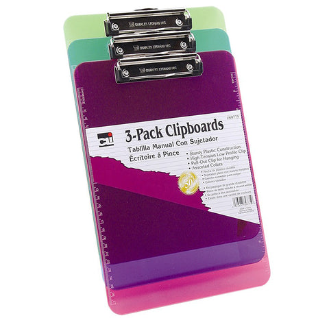 Clipboard - Plast/Transp W/Low Profile Clip - Ltr - Assorted Neon Colors, 3/Pk