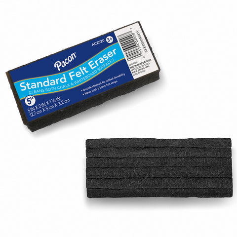 Chalk & Whiteboard Eraser, Standard, 6 Black Felt Strips, Double-Stitched, 5, 1 Eraser