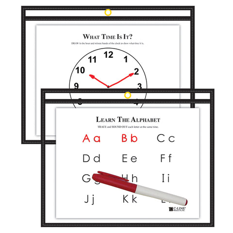 C-Line Reusable Dry Erase Pockets, 9 X 12, Black