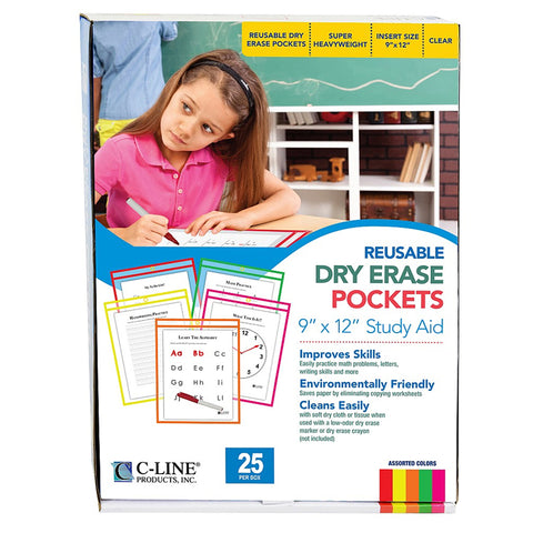 Reusable Dry Erase Pockets, Neon Colors, 9 X 12, Pack Of 25