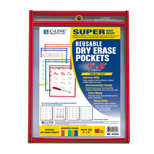 C-Line Reusable Dry Erase Pockets, Primary Colors, 6 X 9, 10/Pkg