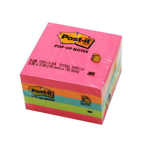 Pop-Up Notes, 3 X 3, Neon, 100 Sheets/Pad, 5 Pads