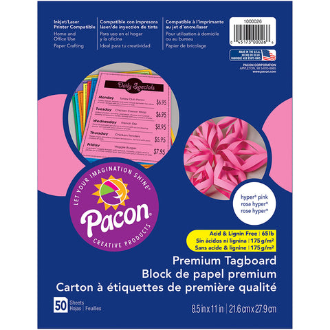 Premium Tagboard, Hyper Pink, 8-1/2 X 11, 50 Sheets