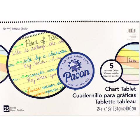 Colored Paper Chart Tablet, Cursive Cover, 5 Assorted Colors, 1 Ruled. 24 X 16, 25 Sheets