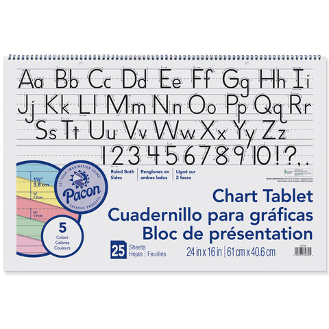 Colored Paper Chart Tablet, Manuscript Cover, 5 Assorted Colors, 1-1/2 Ruled. 24 X 16, 25 Sheets