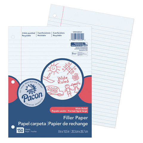Filler Paper, White, 3-Hole Punched, Red Margin, 3/8 Ruled, 8 X 10-1/2, 150 Sheets