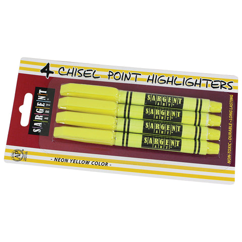 4Ct Fine Tip Yellow Highlighter; Chisel Tip, Blister