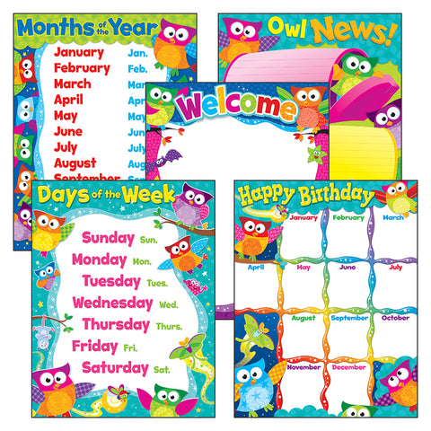 Classroom Basics Owl-Stars! Learning Charts Combo Pack, Set Of 5