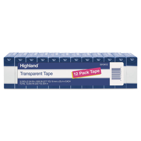 Highland Transparent Tape, 3/4" x 1000", 1" Core, Clear, 12/Pack (5910K12)