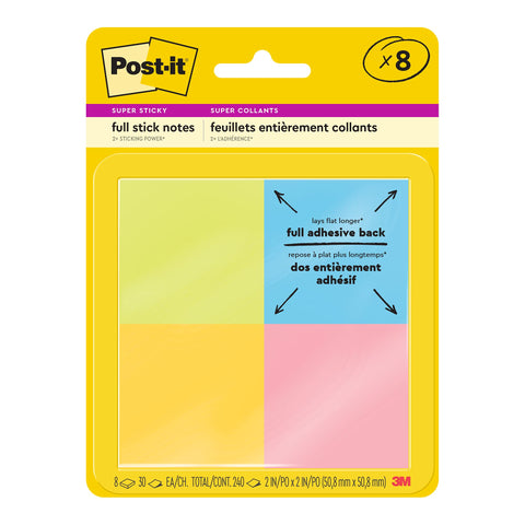 Post-it F2208SSAU Super Sticky Full Adhesive Notes, 2"x2", Rio de Janeiro Colors, 8 Pads/Pack
