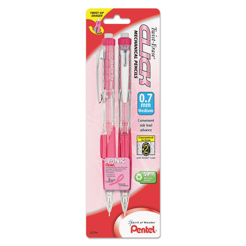 Pentel Pd277tbp2pbc Pink Ribbon Twist-Erase Click Mechanical Pencil, 0.7 Mm, 2/Pack