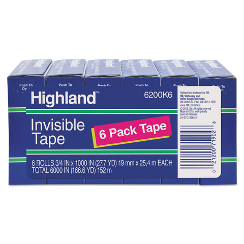 Highland 6200K6 Invisible Permanent Mending Tape, 3/4-Inch x 1000-Inch, 1-Inch Core, Clear, 6/Pack