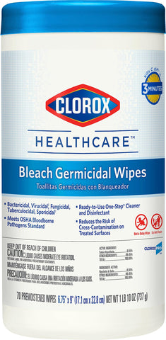 Clorox Healthcare Bleach Germicidal Wipes, Cleaner and Disinfectant Wipes Canister, 70 Count (35309) (Package May Vary)