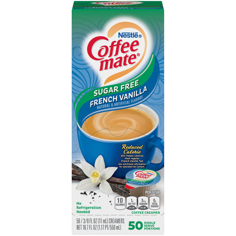 Nestle Coffee mate Coffee Creamer, Sugar Free French Vanilla, Liquid Creamer Singles, Non Dairy, No Refrigeration, Box of 50 Singles
