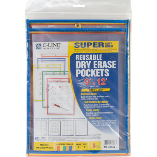 Reusable Dry Erase Pockets 9"X12" 5/Pkg