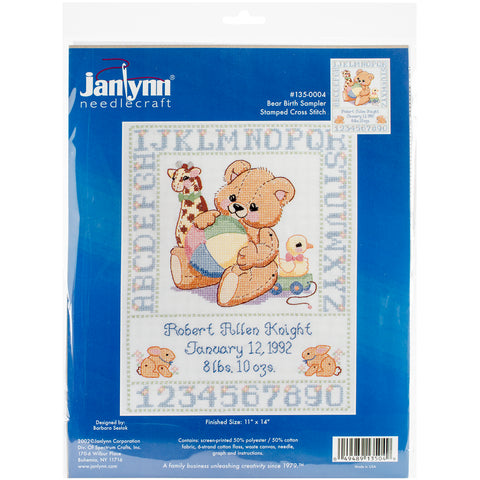 Janlynn Stamped Birth Sampler Cross Stitch Kit 11"X14"