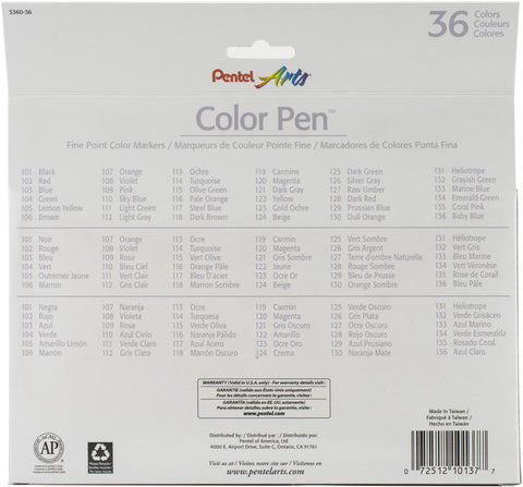 Pentel Arts Color Pen Fine Point Color Markers 36/Pkg