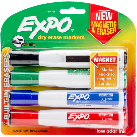Expo Magnetic Dry Erase Chisel Marker With Eraser 4/Pkg